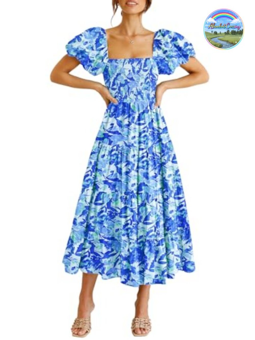 Women's Smocked Midi Wedding Guest Dress Square Neck Puffy Sleeve